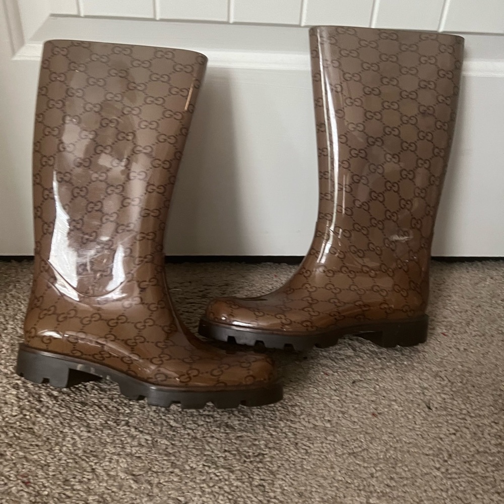 Gucci Women's Light Brown Rubber Rain Boots Guccissima Pattern ​Sz 37